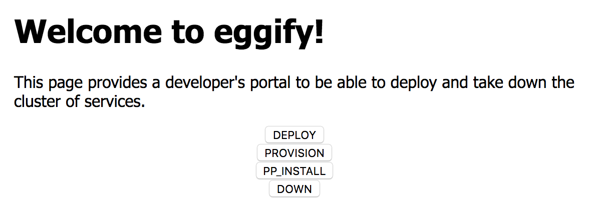 developer's portal with DEPLOY, PROVISION, PP_INSTALL, DOWN buttons