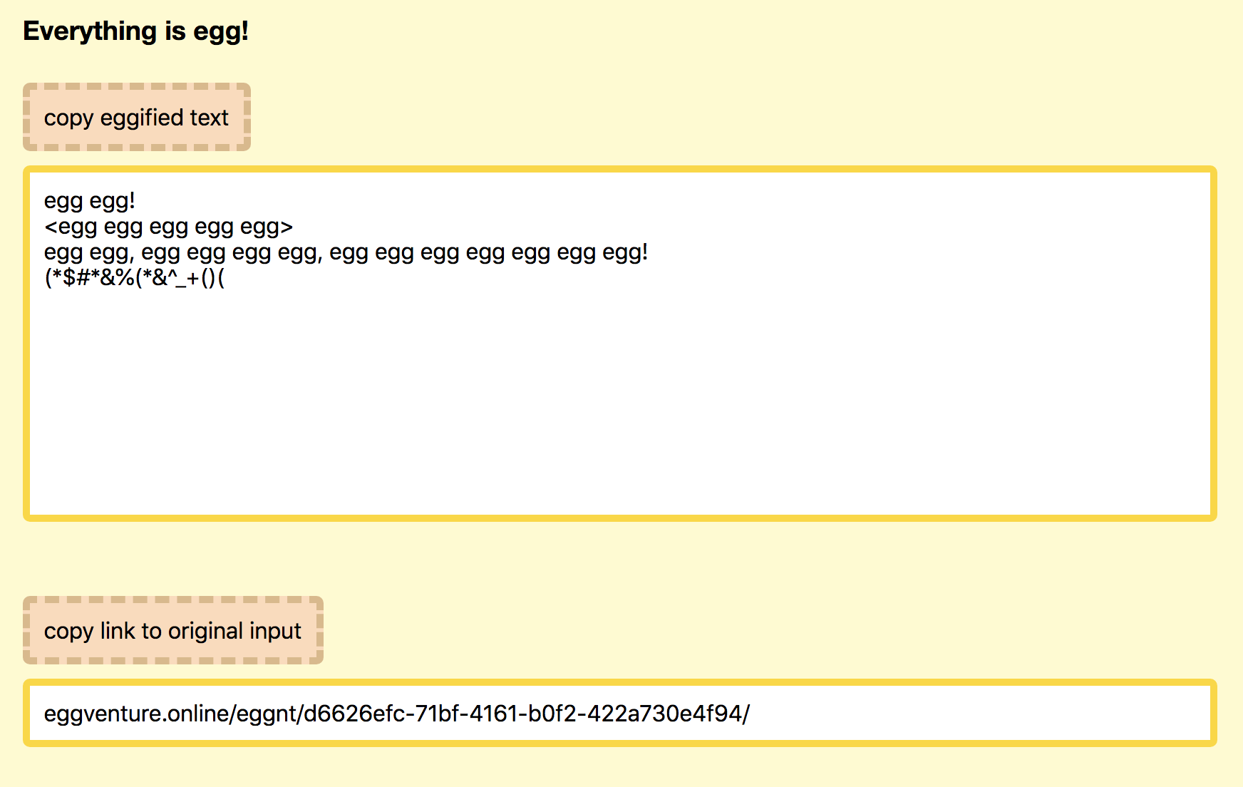 eggified output is displayed along with a link for the original input